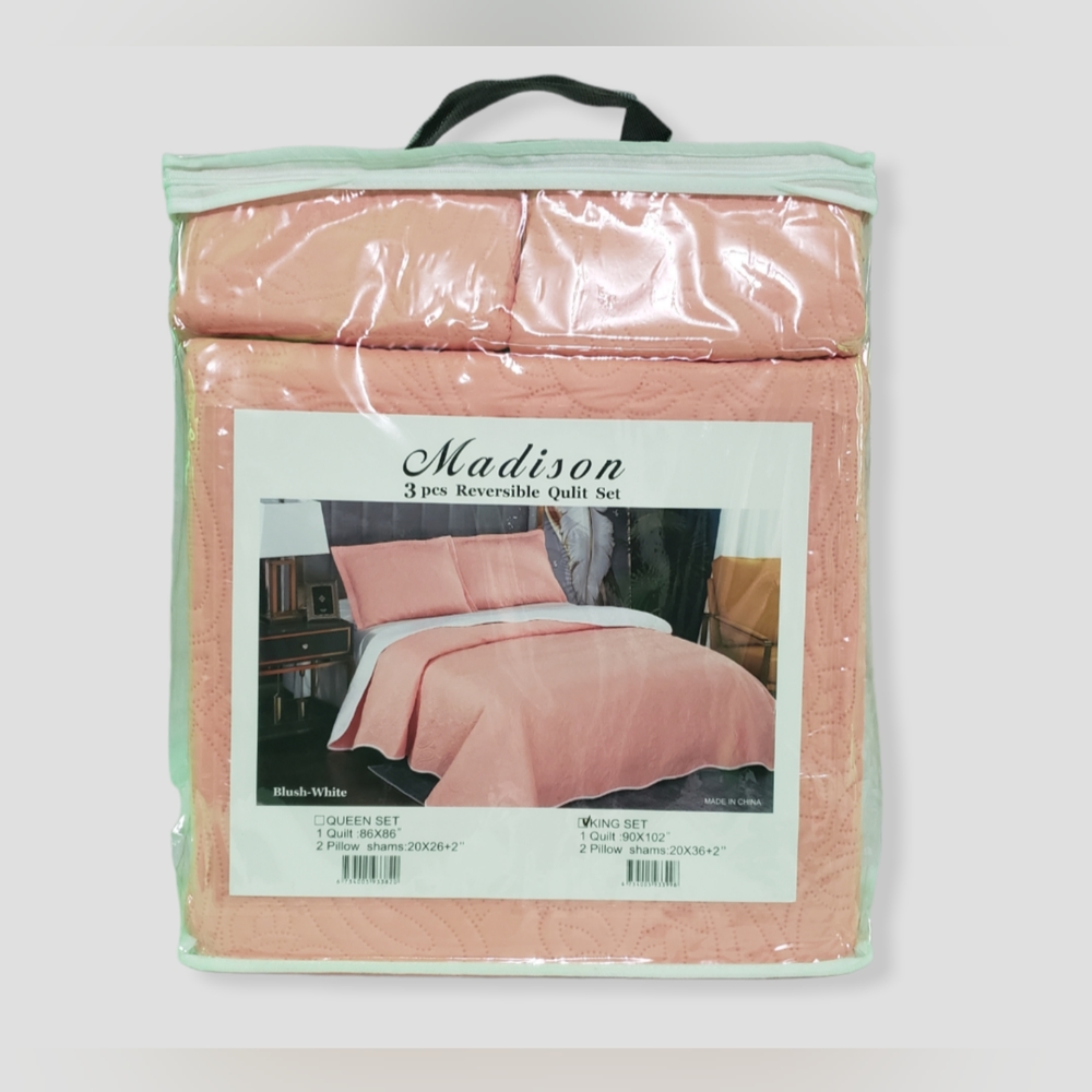 Madison 3 piece reversible king quilt set with 2 pillow shams. Blush-White